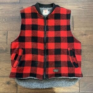 VTG 90s Codet‎ Canada Red Black Buffalo Plaid Sherpa Lined Wool Zip Vest Mens L